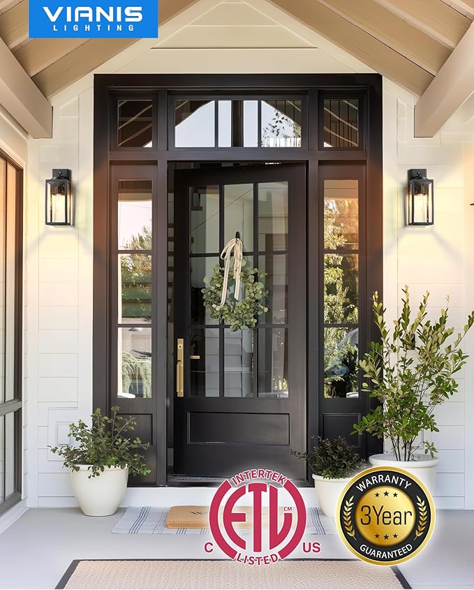 VIANIS 14.5" Large Outdoor Sconce Lights, Black Dusk to Dawn Outdoor Lighting with Tempered Bubble Glass, Anti-Rust Outside Light Fixtures Wall Mount, Waterproof Front Porch Light for Porch, Garage