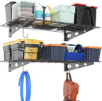 Ultrawall Garage Wall Shelves, 2 x 4 ft Wall Mounted Storage Shelves, Heavy Duty Wall Shelving with Hooks, Holds Up to 220 Lbs, 2Pack, Black