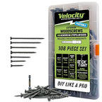 Velocity Exterior Wood Screws Assortment Kit – 108 Assorted Wood Screws in 6 Sizes Made with Carbon Steel, 2 Hexstix Drive Bits & Plastic Wood Screw Set Storage Organizer, Construction Screws for Wood