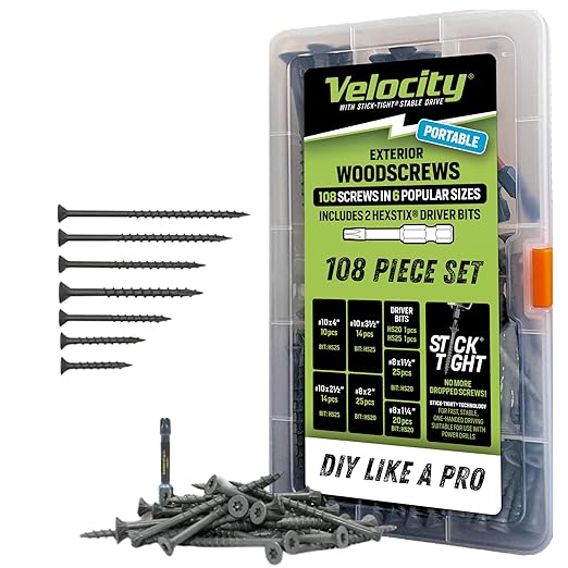 Velocity Exterior Wood Screws Assortment Kit – 108 Assorted Wood Screws in 6 Sizes Made with Carbon Steel, 2 Hexstix Drive Bits & Plastic Wood Screw Set Storage Organizer, Construction Screws for Wood