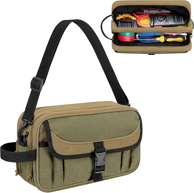 Small Canvas Tool Pouch with Zipper, 12 Inch Tool Organizer Bag, Double Layer Utility Storage Bag with Shoulder Strap for Electrician, Khaki/Green (Empty Bag)
