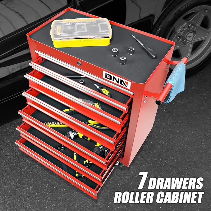 DNA MOTORING TOOLS-00264 7-Drawer Plastic Top Rolling Tool Cabinet with Keyed Locking System,27.55" L X 13" W X 30.31" H,Red