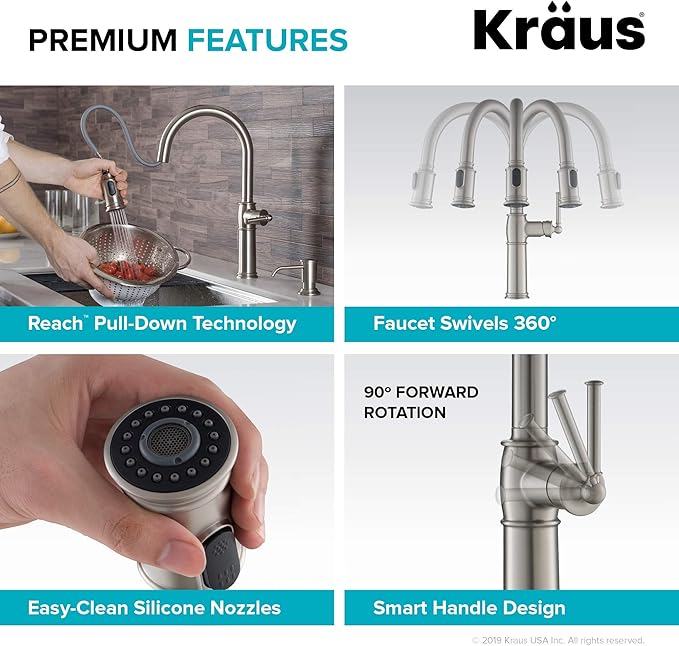 KRAUS Sellette Traditional Spot Free Stainless Steel Single Handle Pull-Down Kitchen Faucet with Deck Plate and Soap Dispenser, KPF-1682SFS-KSD-80SFS