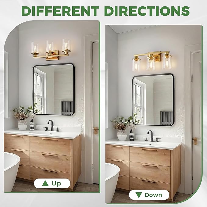 DORESshop 20 Inch Bathroom Light Fixtures, 3-Light Gold Bathroom Lighting Fixtures Over Mirror with Clear Glass Shade, Vanity Lights for Living Room Bedroom, ETL Listed