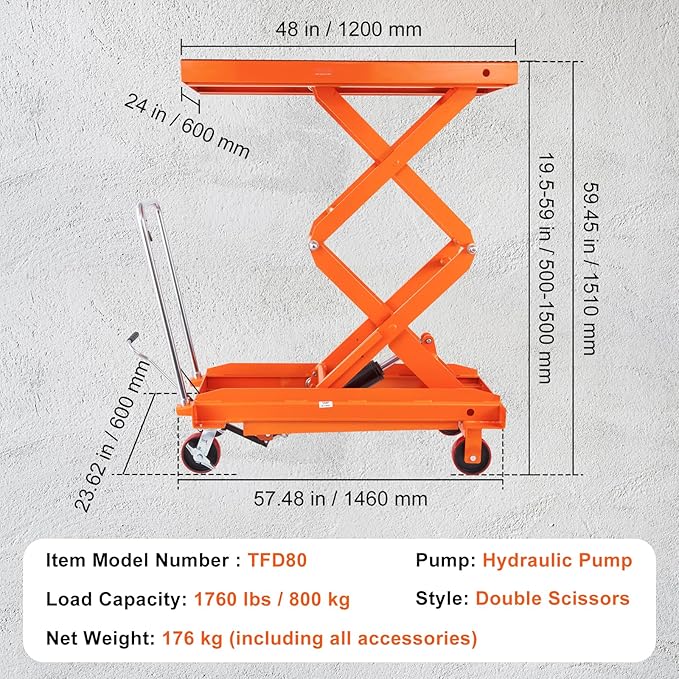 VEVOR Hydraulic Lift Table Cart, 1760lbs Capacity 59" Lifting Height, Manual Double Scissor Lift Table with 4 Wheels and Non-Slip Pad, Hydraulic Scissor Cart for Material Handling and Transportation