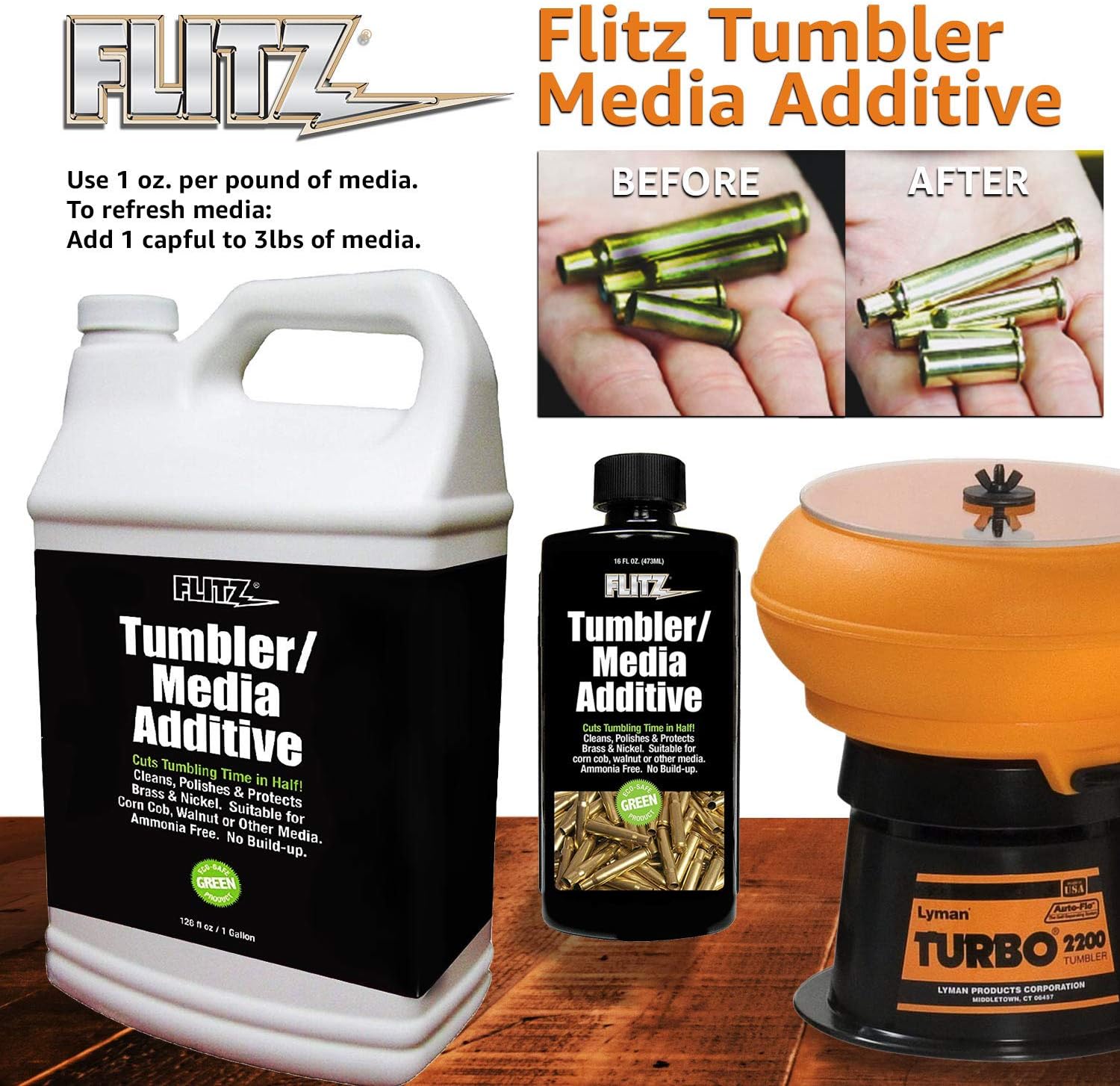 Flitz Tumbler Media Additive - 7.6oz Bottle of USA-Made Brass Cleaner Reloading Liquid for Ammo, Copper, & All Metals - Ammonia-Free Tumbling Polish to Remove Oxidation, Powder Residue (1 Pack)
