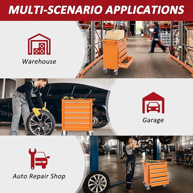 5 Drawers Rolling Tool Chest with Wheels, Portable Rolling Tool Boxes with Wheels, Tool Box Storage Cabinet with Locking System for Garage (Orange, 5 Drawers)