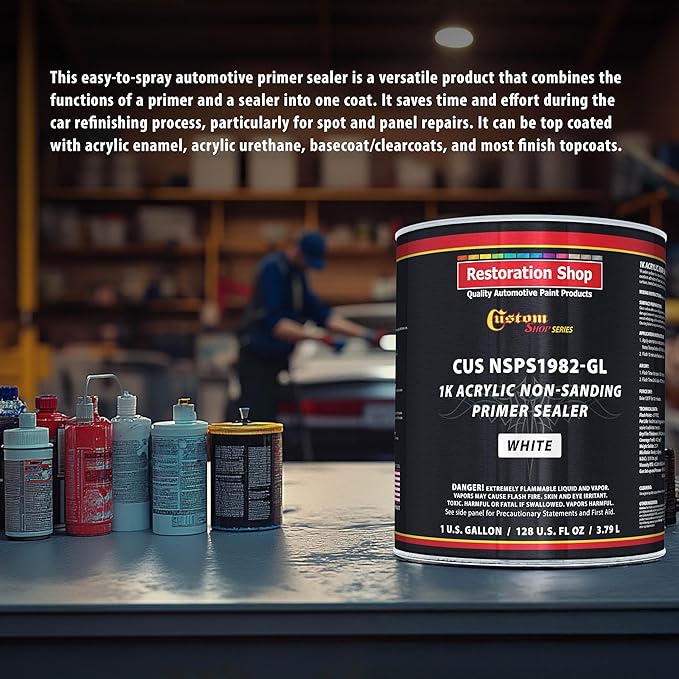Custom Shop Premium 1K Acrylic Non-Sanding Primer Sealer Paint, Color White, 1 Gallon - Fast Drying, Ready-To-Spray, Apply Over Automotive Primer Surfacers, Sanded Finishes - Topcoat Urethane, Enamel