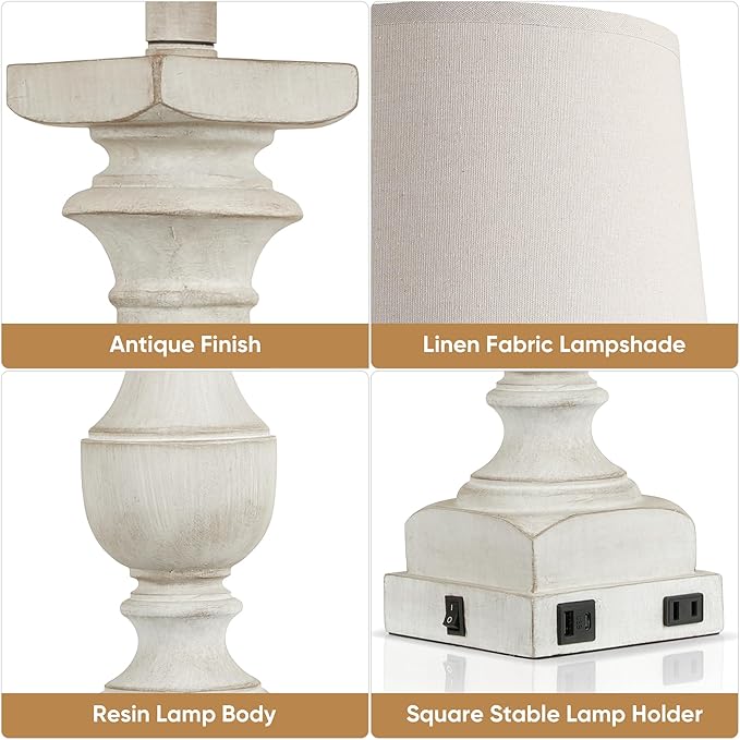 28'' Washed White Table Lamp for Bedroom Nightstand, Vintage Bedside Lamp with USB A+C Port, Farmhouse Desk Lamp with Linen Shade Set of 2, Traditional Nightstand Lamp, Rocker Switch,Bulb Included