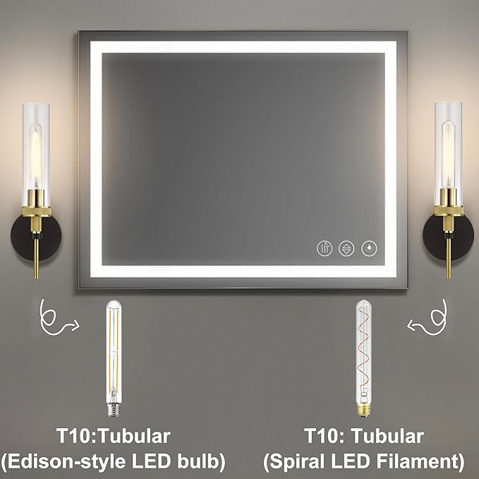 Black and Gold Bathroom Light Fixtures Over Mirror, Wall Sconces Set of 2 with Knurled Texture, Modern Industrial Vanity Lights with Clear Glass Tube Shade, Matte Black and Gold Wall Lamps for Bedroom