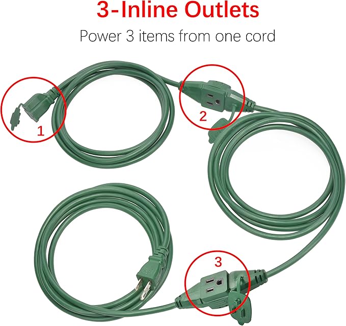 Clear Power 25ft 16/3 SJTW Green Landscape Extension Cord w/3 Inline outlets & Outlet Covers, for Christmas Lights and Holiday Decorations, CP10225
