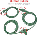 Clear Power 25ft 16/3 SJTW Green Landscape Extension Cord w/3 Inline outlets & Outlet Covers, for Christmas Lights and Holiday Decorations, CP10225
