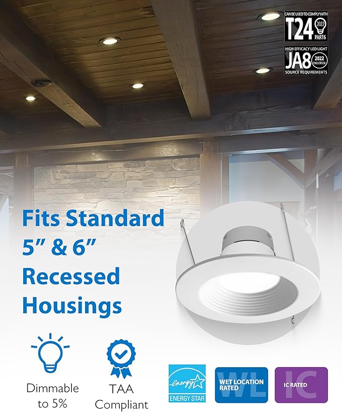 NICOR Lighting Recessed Ceiling Lights LED Downlight - 5/6 inch LED Recessed Light Fixtures - Selectable CCT 2700K-5000K, 918 Lumens, 10.3W - DLR56 LED Retrofit Ceiling Light, White Baffle, 12-Pk