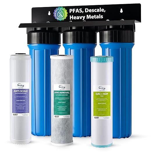 iSpring Whole House Water Filter System, Ultimate PFAS, Scale, Heavy Metals Protection Removes Up to 99% PFOA & PFOS with SGS-Tested Media, 3-Stage Filtration, 20” x 4.5” Filters, Model: WGB32B-PFKDS