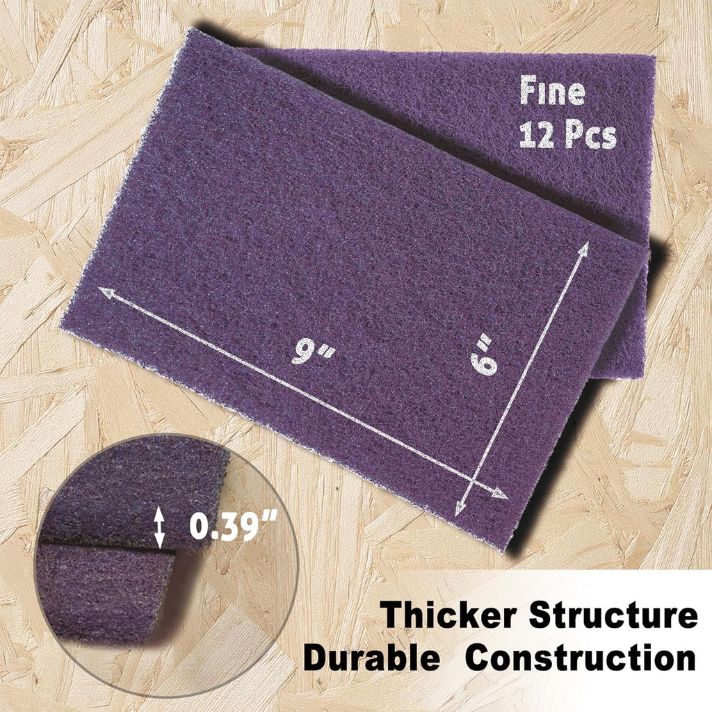 12-Pack 6"x9" Non-Woven Scuff Pads - Purple P600 Aluminum Oxide Abrasive for Scouring, Sanding, Paint Primer Prep - Automotive, Auto Body, Woodworking, Surface Preparation (Purple)