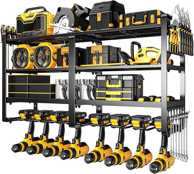 33" W Large Power Tool Organizer Wall Mount Loads 400 lbs, Heavy Duty 4-Tier 8 Drills Holder, Cordless Tool Storage Battery Shelf, Utility Racks for Garage Workshop Shed, Gifts for Men Husband