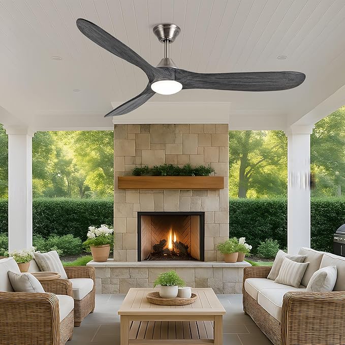 52 inch Ceiling Fan with Light, Outdoor Ceiling Fans for Patios 3 Blade Dimmable Solid Wood Ceiling Fan with Lights, Farmhouse Propeller Ceiling Fans for Indoor, Porch, Exterior, DC Motor