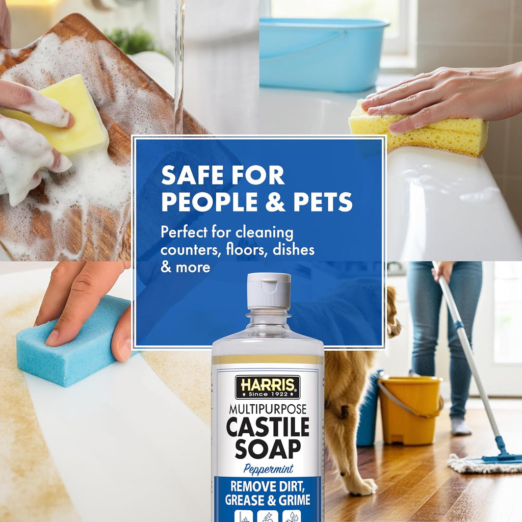 HARRIS Multi-Purpose Pure Castile Soap, Made with Olive, Coconut, and Pine Tree Oil, Uses for Face, Body, Hand, Hair, Home, Dishes, and Laundry, Peppermint, 32 Fl Oz