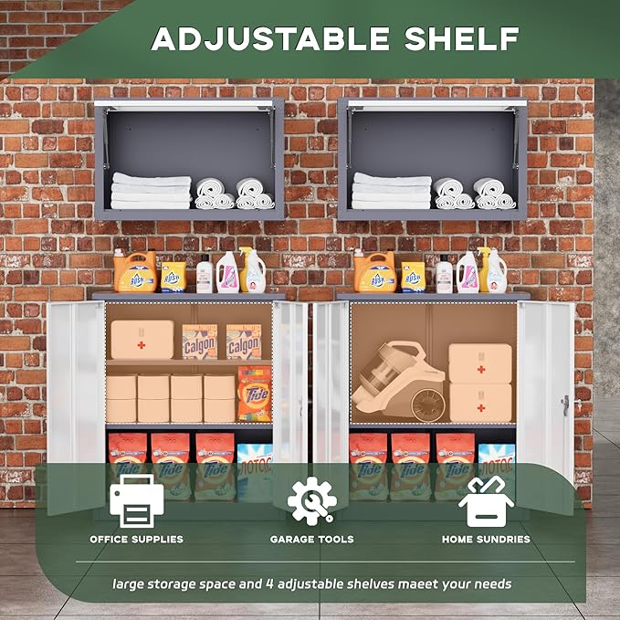 Greenvelly Metal Storage Cabinet, 36" Locking Storage Cabinet with Doors and Shelves, Lockable Storage Cabinets for Home Office, Utility Locker Cabinet, Steel Garage Cabinet with 2 Keys, White Grey