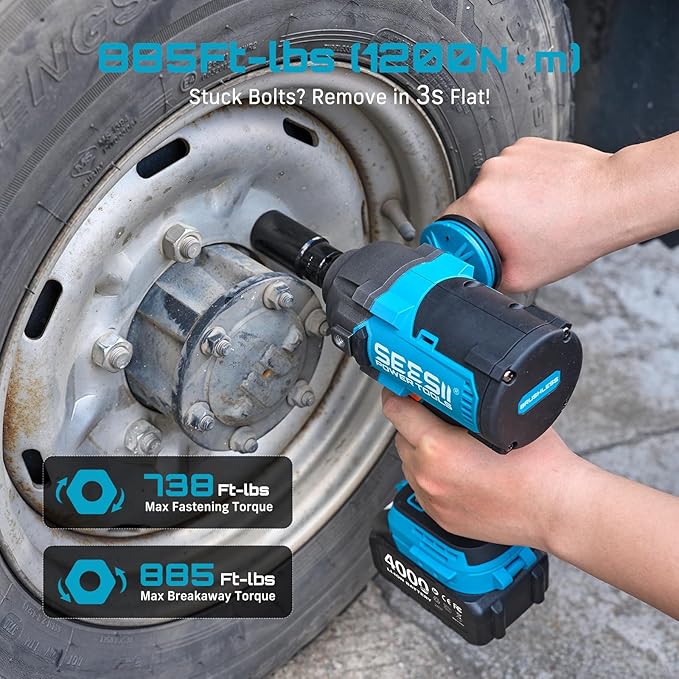 Seesii [2025 Upgraded] Impact Wrench 885Ft-lbs (1200N·m): 1/2" Cordless Impact Gun with Detachable Handle, 21V High Torque Power Impact Driver 2x 4.0Ah Batteries for Family Car/Pickup Truck/Mower
