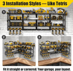 XLarge 64''W Power Tool Organizer Wall Mount | Modular&Corner-Fit 820lbs Garage Storage Rack with 8 Cordless Drill Holder | 4-Tier Heavy Duty Utility Shelf for Battery Workshop Organization