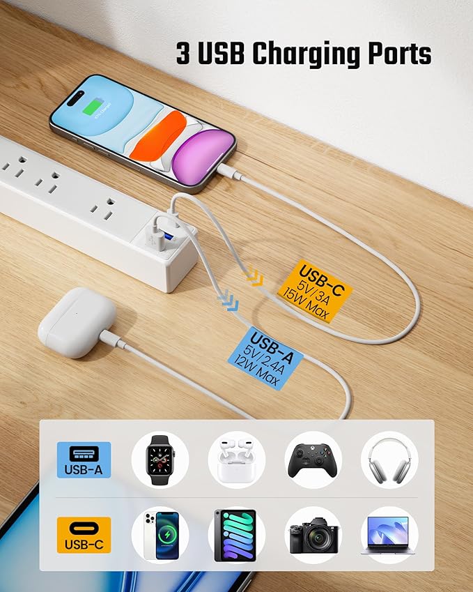 Flat Plug Surge Protector Power Strip, 6ft Ultra Thin Extension Cord with 3 USB, SUPERDANNY 6 Outlets Charging Station, Wall Mountable Outlet Extender for Home Office, College Dorm Room