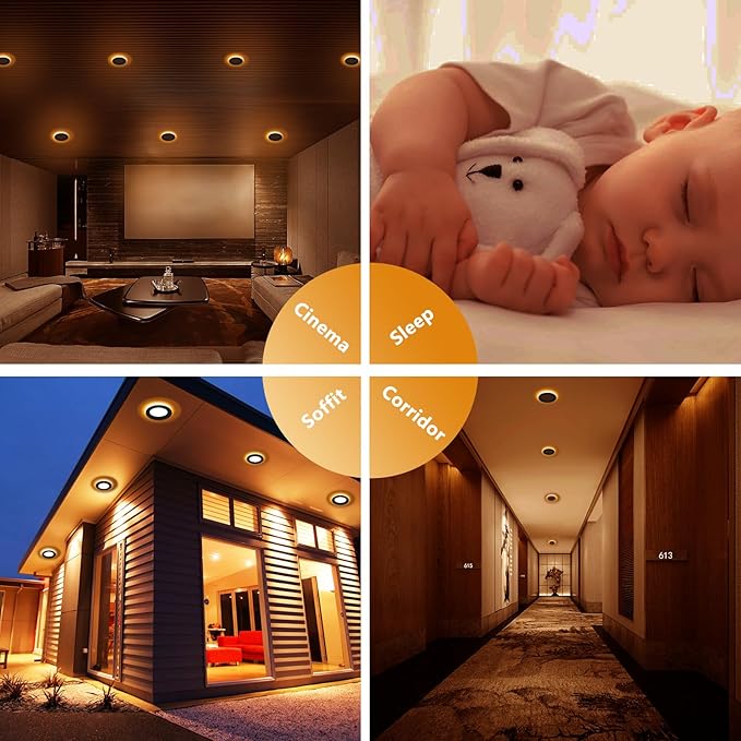 CycevSun 6 Pack Black Recessed Lights 6 Inch with Night Light, Canless Ultra Thin Wafer Downlight Indoor Outdoor Exterior Soffit, Dimmable & 5 Color Selectable, 12W, ETL Listed