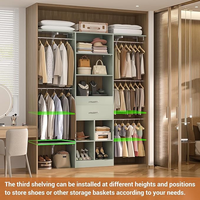 5FT Small Closet System, Baby Closet Organizer System with Wooden Drawers, 60 Inches Walk in Closet System with 5 Hanging Rods and 3 Reversible Hanging Shelving, Crab Green