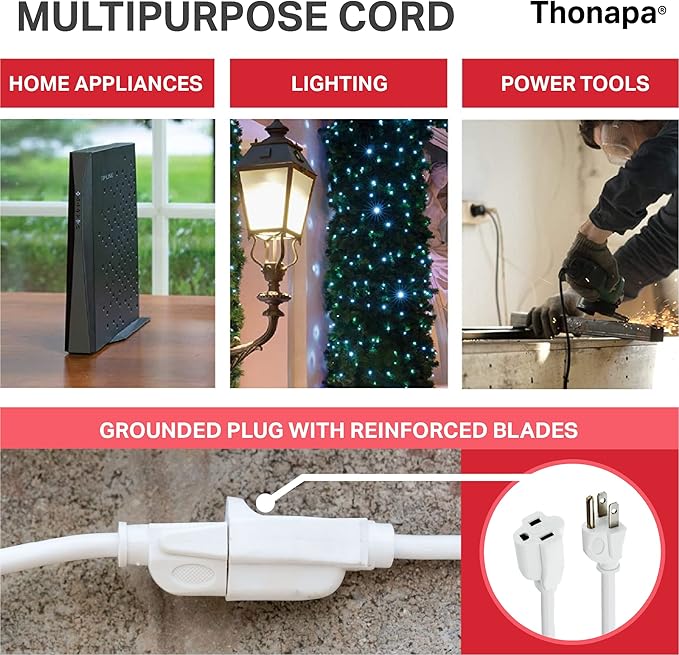 25 ft White Extension Cord 3 Prong for Indoor & Outdoor, 13 Amp White Outdoor Extension Cord 25 Foot, 16 AWG Electrical Cable SJTW for Landscaping, Lawn, Lamp, Home & Office - US Veteran Owned