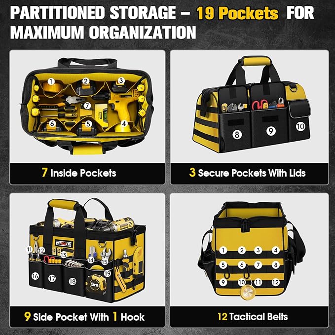16-Inch Heavy Duty Tool Bag, 19-Pockets Tool Box Organizer, Portable Toolbag W/Soft Handle, Organized Storage, Mechanic Gifts for Men Dad Husband Him Christmas, Wide Mouth Toolbox Organization, Yellow