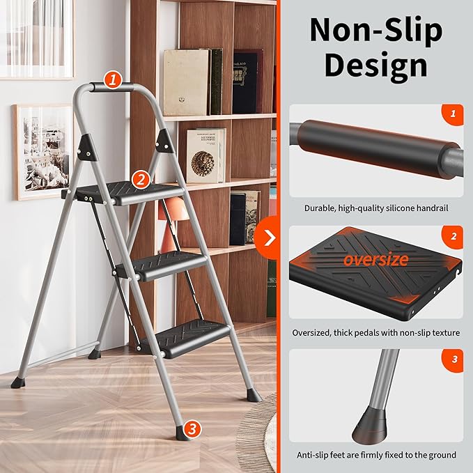 3 Step Ladder, Folding Step Stool with Anti-Slip Wide Pedal, Soft Handle, Anti-Slip Feet, Sturdiest Steel Construction, 900lbs Capacity Steel Ladder for Home and Office, Grey