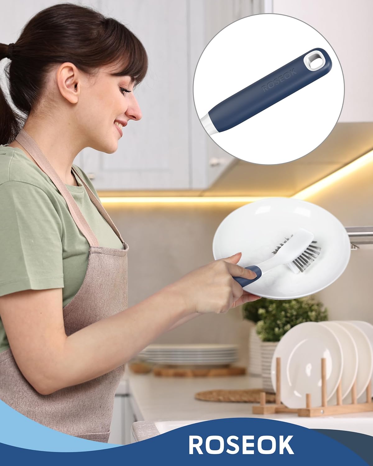 Dish Brush with Built-in Scraper,Kitchen Scrub Brush for Cleaning Dishes,Pots,Non-Stick Pans and Sinks,Navy Blue,2 Pack