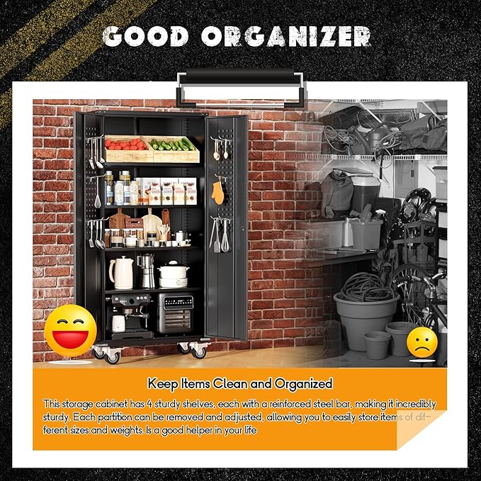 Greenvelly Metal Garage Storage Cabinet with Wheels, Black 72" Rolling Storage Cabinet with 2 Doors and Adjustable Shelves, Steel Tool Cabinets, Metal File Cabinets for Garage, Home Office