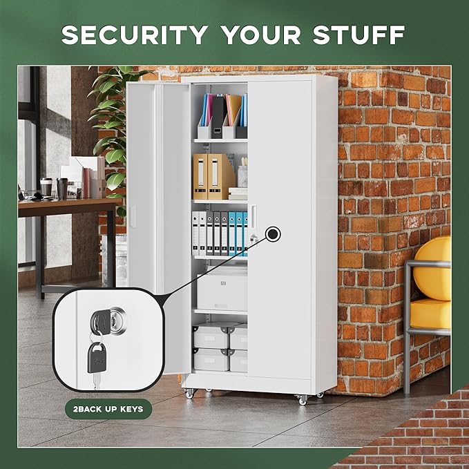 Greenvelly White Metal Storage Cabinet with Wheels, 73" Steel Garage Rolling Cabinet with Doors and 4 Shelves, Tall Locking Cabinets Tool Lockable Storage Cabinets for Basement, Pantry, Home Office
