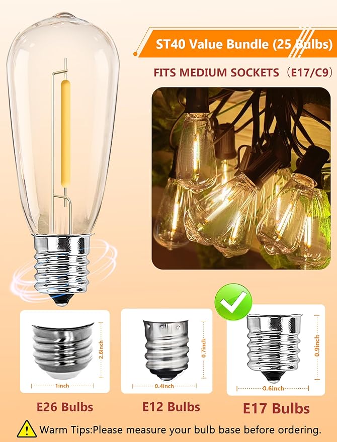 25 Pack ST40 Vintage LED Edison Bulbs Dimmable, Shatterproof 0.6W Energy Efficient E17 LED Replacement Bulbs for Outdoor String Lights, E17/C9 Intermediate Base Bulb Waterproof, Warm White 2700K