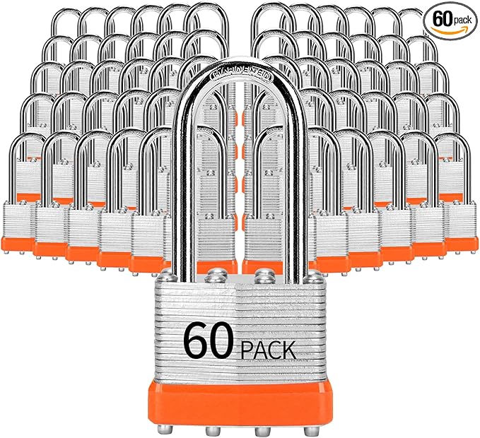 Padlocks Keyed Alike, Pack of 60, Laminated Steel Keyed Lock (1-9/16", 40mm), Padlocks with Same Key, Long Shackle, for Toolbox, Locker & StorageUnit or More