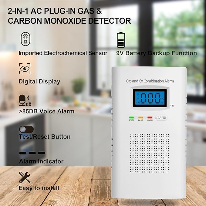 Plug in Combination Gas & Carbon Monoxide Detectors - Natural Gas Detectors & Carbon Monoxide Alarm for Home, Co Detector & Gas Detectors with Digital Display,Holds 9V Battery (not Included)