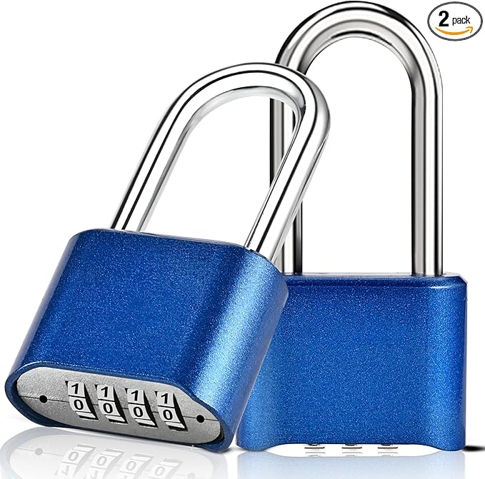 Combination Lock, 4-Digit Heavy Duty Combo Lock, Combination Padlock Weather-Resistant Heavy Duty Combo Locks for Outdoor Fence, Locker, Sheds, Gym, Gate Hasps (Long Shackle) (2pcs-Blue)