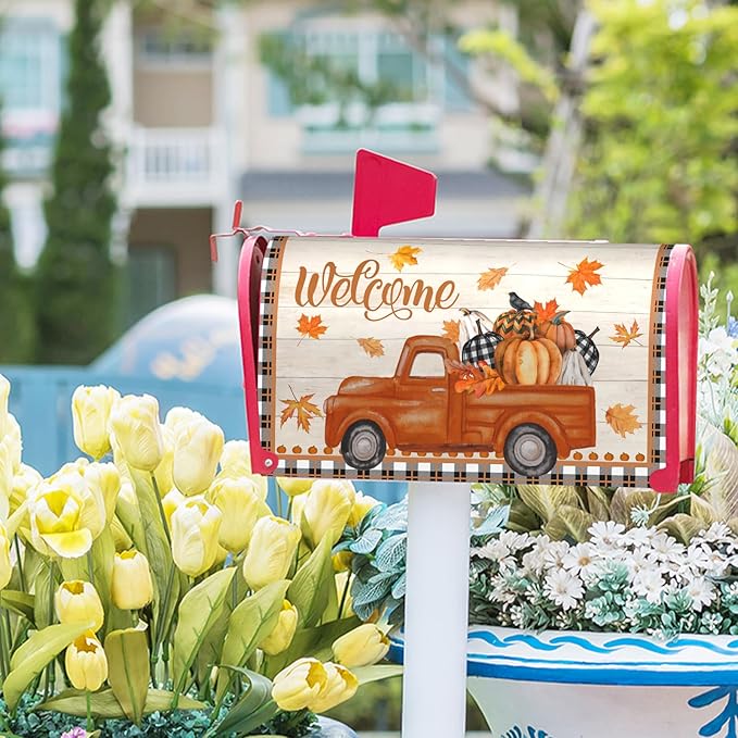 Kawani Fall Mailbox Cover - Autumn Harvest Orange Pumpkin Truck Maple Leaves Magnetic Standard Size 21x18 Inch Thanksgiving Waterproof Post Box Wrap Garden Yard Decor
