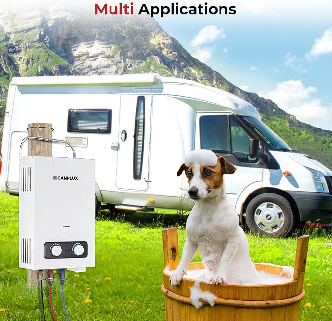 Tankless Water Heater, Camplux 1.58GPM Outdoor Propane Gas Water Heater with Portable Handle, White, 6L