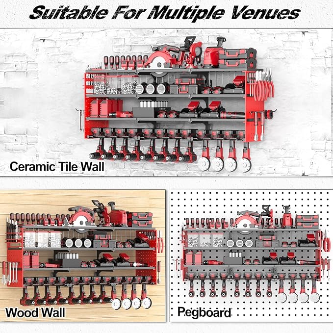 Large Power Tool Organizer Wall Mount, 52" Heavy Duty 4 Tier Garage Storage Shelf with 12 Drill Holder, Power Tool Storage Organizer Loads 480lbs for Garage Organization Warehouse Workshop
