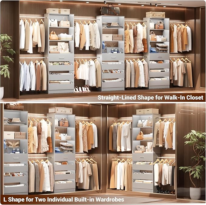 Aheaplus Closet System Set of 2, 4-9Ft Wood Closet Organizer with Drawers & Shelves, Closet Organizer System with 8 Hanging Rods, Walk-in Closets Organizer Wardrobe Closet Rack, Grey1