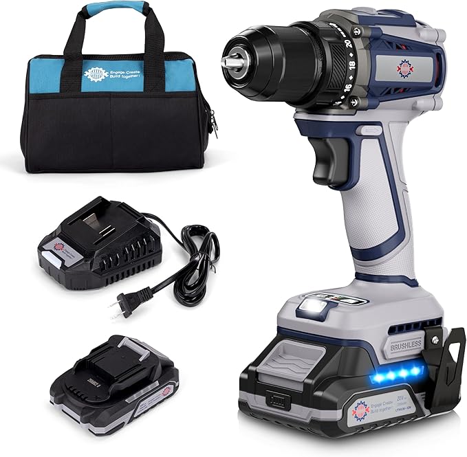 20V Cordless Drill, Power tool, 620 in-lbs Torque, 3/8" Metal Keyless Chuck with Safety Lock, 20+1 Position Electric Drill Driver with LED, Brushless Power Drill with 2.0Ah Battery and Charger