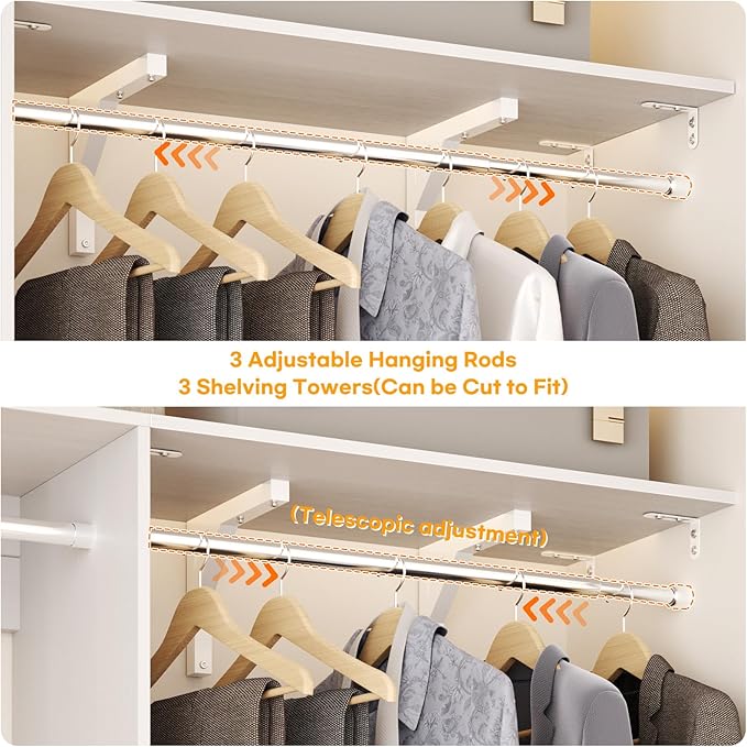 Cyclysio 96 Inch Closet Organizers and Storage, 8 FT Hanging Closet Organizer with 4 Adjustable Rods, Wardrobe Organizers with 3 Shelving Towers for 4-8FT Spaces(Cut-to-Fit), White