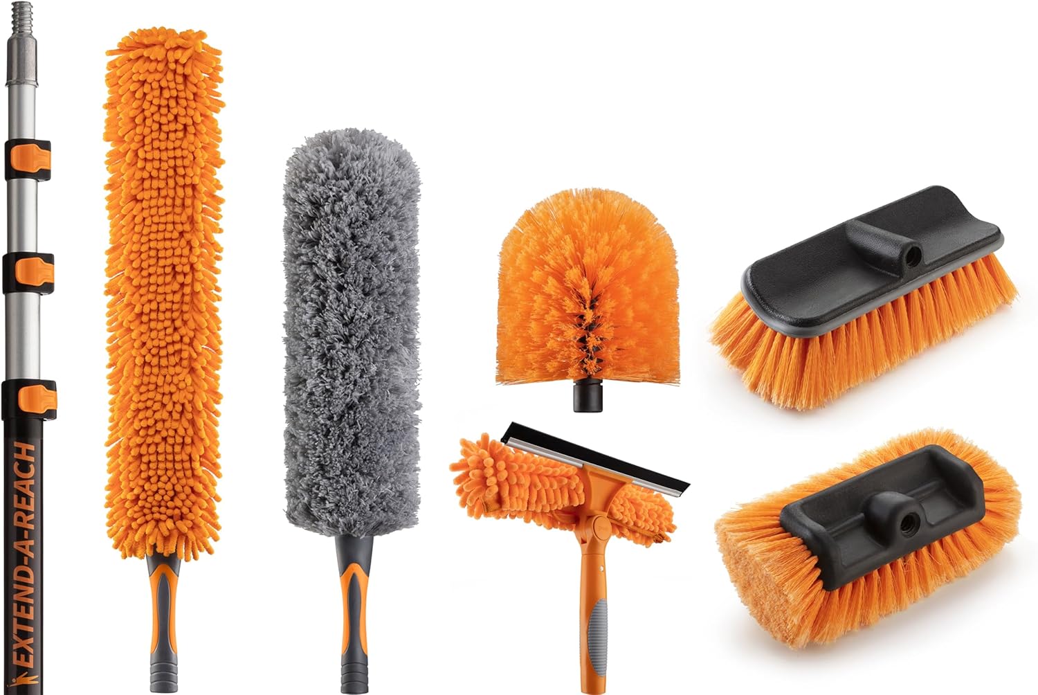 20 Foot High Ceiling Duster Kit and Scrub Brush with 4-12 ft Extension Pole // Telescoping Duster, Window Squeegee and Cobweb Duster with Extension Pole // Interior and Exterior House Cleaning Brushes