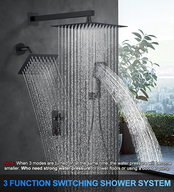 Shower Faucet Set, 10" Wall Mount Rainfall Shower System with 2 Rain Shower Head and Multi-function Handheld Head Push Button Diverter Shower Faucet Trim Kit Matte Black