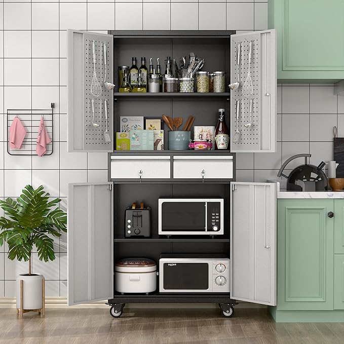 Metal Garage Storage Cabinet with 2 Drawers and 2 Adjustable Shelves, Locking Rolling Tool Storage Cabinet with Wheels and Pegboard for Garage, Home, Black and Silvery