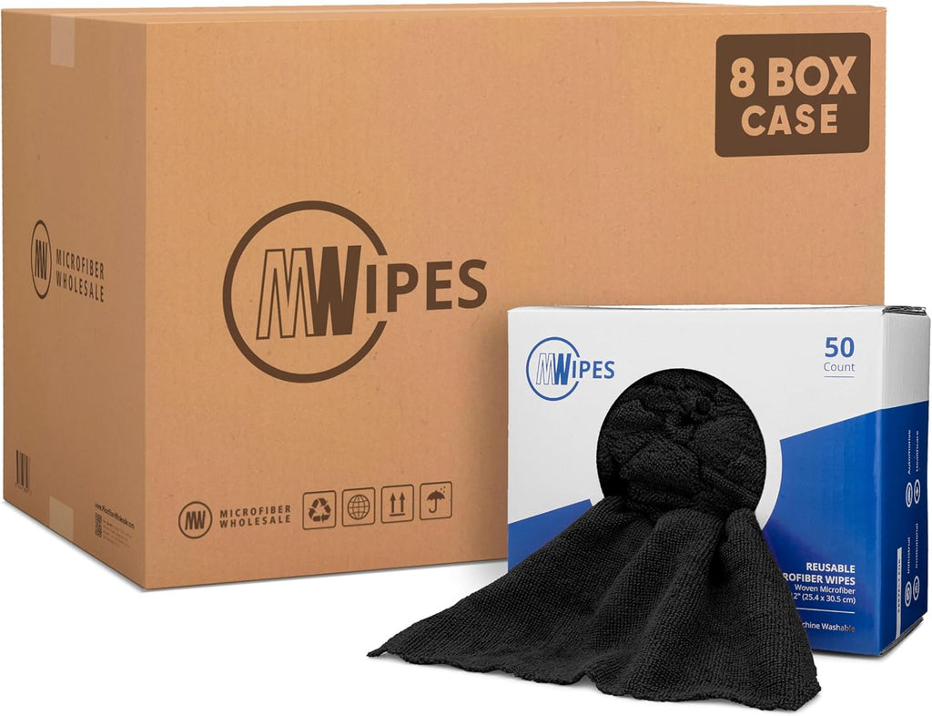 Black Microfiber Shop Towels | MWipes Reusable Shop Rags | 50 Rags in a Box (400 Count) | Super Absorbent, Machine Washable Hundreds of Times | Automotive, Paint, Industrial (8, Black)