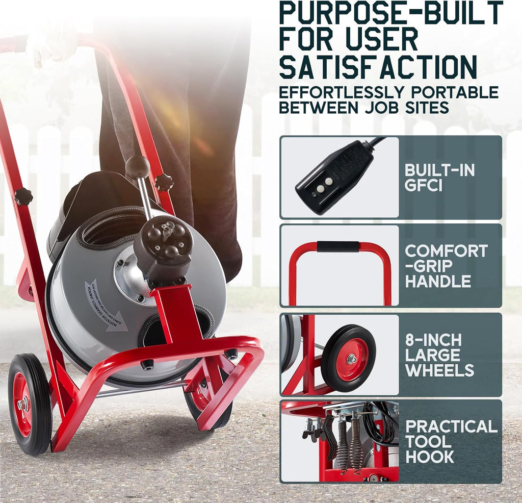 Albott 100 FT x 3/8 inch Electric Drain Cleaner Machine with Auto-Feed & 10 Cutters, Sewer Snake Auger for 1–4 Inch Pipes, Foot Switch & Wheels, Ideal for Home & Commercial Use, Gray/Red