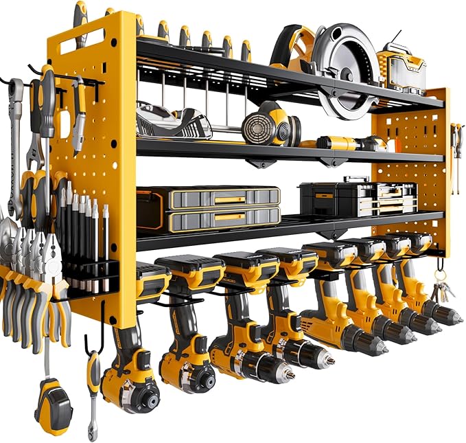 Power Tool Organizer Wall Mount,Cordless Drill Organizer,4 Layers Large Capacity Tool Rack with 8 Drill Holders(YELLOW)